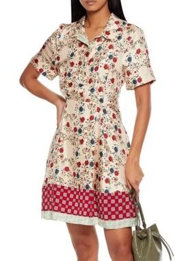 Sandro Cream Floral Button-Front Mini Dress with Red Border